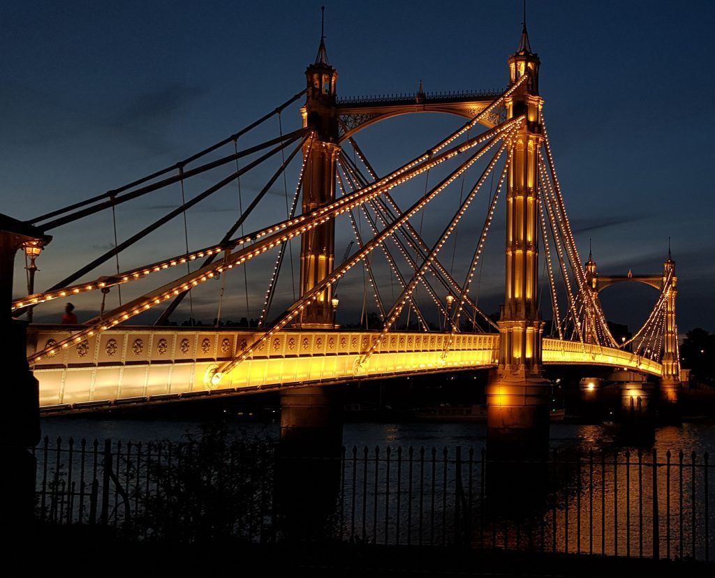 Close view of Albert Bridge lighting detail on the towers
