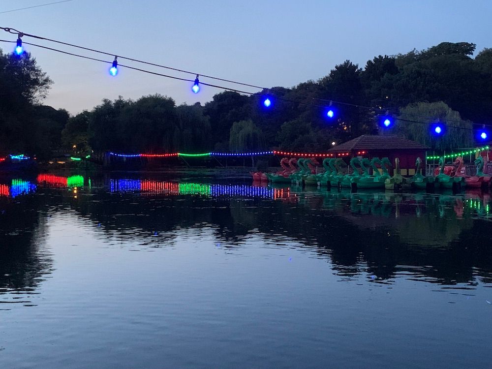 Peasholm Park in Scarborough lit up with festoon lighting