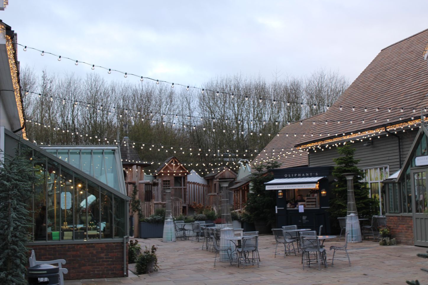 Large harness festoons strung across courtyard