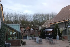 Large harness festoons strung across courtyard